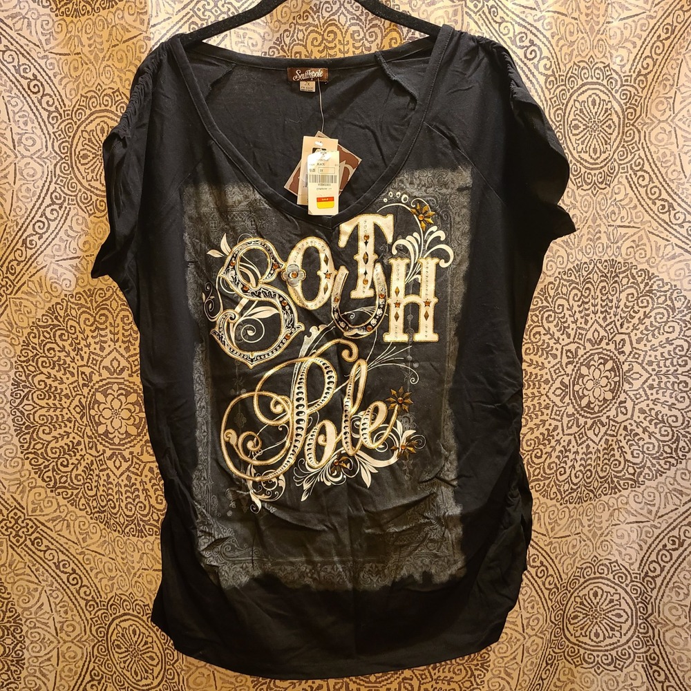 Southpole Graphic Tee Women 2X Black Rhinestone Gold Ornate V-Neck NWT Y2K Bling